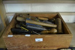 WOODEN BOX AND ASSORTMENT OF HAND TOOLS