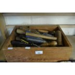 WOODEN BOX AND ASSORTMENT OF HAND TOOLS