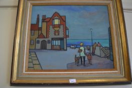 MURIEL iNWOOD, COASTAL STREET SCENE, OIL ON BOARD, FRAMED