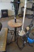 CAST IRON LAMP STAND/CANDLE HOLDER WITIH WOODEN SHELF, APPROX 126CM HIGH