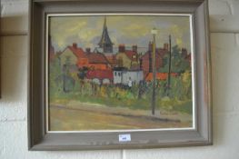 VIEW OF A TRAIN WITH BUILDINGS BEYOND BY MURIEL INWOOD, OIL ON BOARD, FRAMED