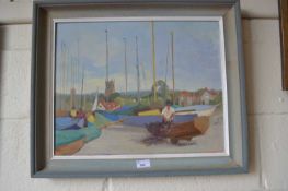FISHING BOATS ON SHORE BY MURIEL INWOOD, OIL ON CANVAS, FRAMED