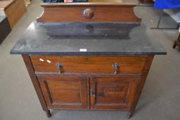 BLACK SLATE TOPPED WASH STAND WITH DRAWER AND CUPBOARDS BELOW, 93CM WIDE