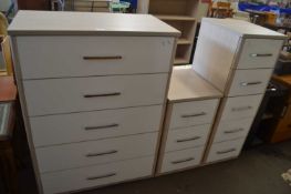 THREE CHESTS OF DRAWERS WITH WHITE FRONTS AND CHROME HANDLES, COMPRISING A FIVE DRAWER CHEST, 80CM