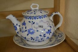 BRISTOL BLUE TEA POT, TOGETHER WITH A BLUE AND WHITE ONION PATTERN SIDE PLATE (2)