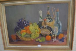 MURIEL HADDON INWOOD, STILL LIFE OF FRUIT BASKET AND WINE BOTTLES, DATED '64, OIL ON CANVAS, FRAMED