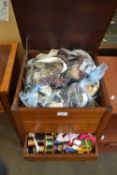 FREE STANDING SQUARE NEEDLEWORK BOX WITH HINGED LID AND SINGLE DRAWER BELOW, PLUS CONTENTS,