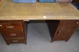 LARGE KNEEHOLE DESK WITH THREE DRAWERS TO ONE SIDE AND CUPBOARD TO OTHER, APPROX 152CM WIDE