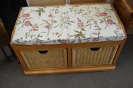 PINE STORAGE BENCH WITH UPHOLSTERED SEAT AND STORAGE BASKET BELOW, 89CM WIDE