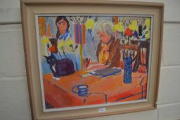 DEREK INWOOD WOMAN DRAWING WITH A CAT, UNSIGNED, OIL ON BOARD, LABEL VERSO, FRAMED