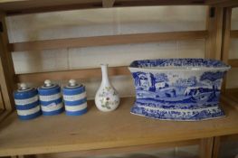 SPODE ITALIAN PLANTER WITH THREE CORNISHWARE STYLE HERB VASES AND A WEDGWOOD SPILL VASES (5)