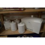 CREAM KITCHEN SET OF TEA, COFFEE AND SUGAR CANISTERS TOGETHER WITH BISCUIT BARREL AND BREAD BIN (5)