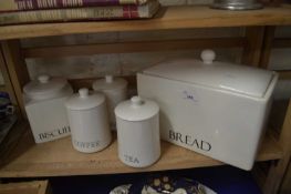 CREAM KITCHEN SET OF TEA, COFFEE AND SUGAR CANISTERS TOGETHER WITH BISCUIT BARREL AND BREAD BIN (5)