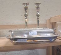 WHITE METAL ENTREE DISH AND COVER TOGETHER WITH A PAIR OF PLATED CANDLESTICKS