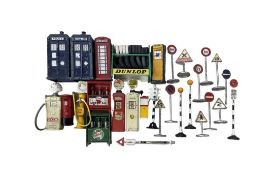 A good collection of die-cast road accessories, police boxes, telephone box, letterbox, roadsigns