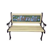 A hand-painted child's wooden garden bench, with safari animal detail