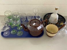 Mixed Lot: Various drinking glasses, teapot, fruit decorated bowl, whisky bell etc
