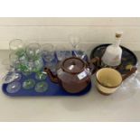 Mixed Lot: Various drinking glasses, teapot, fruit decorated bowl, whisky bell etc