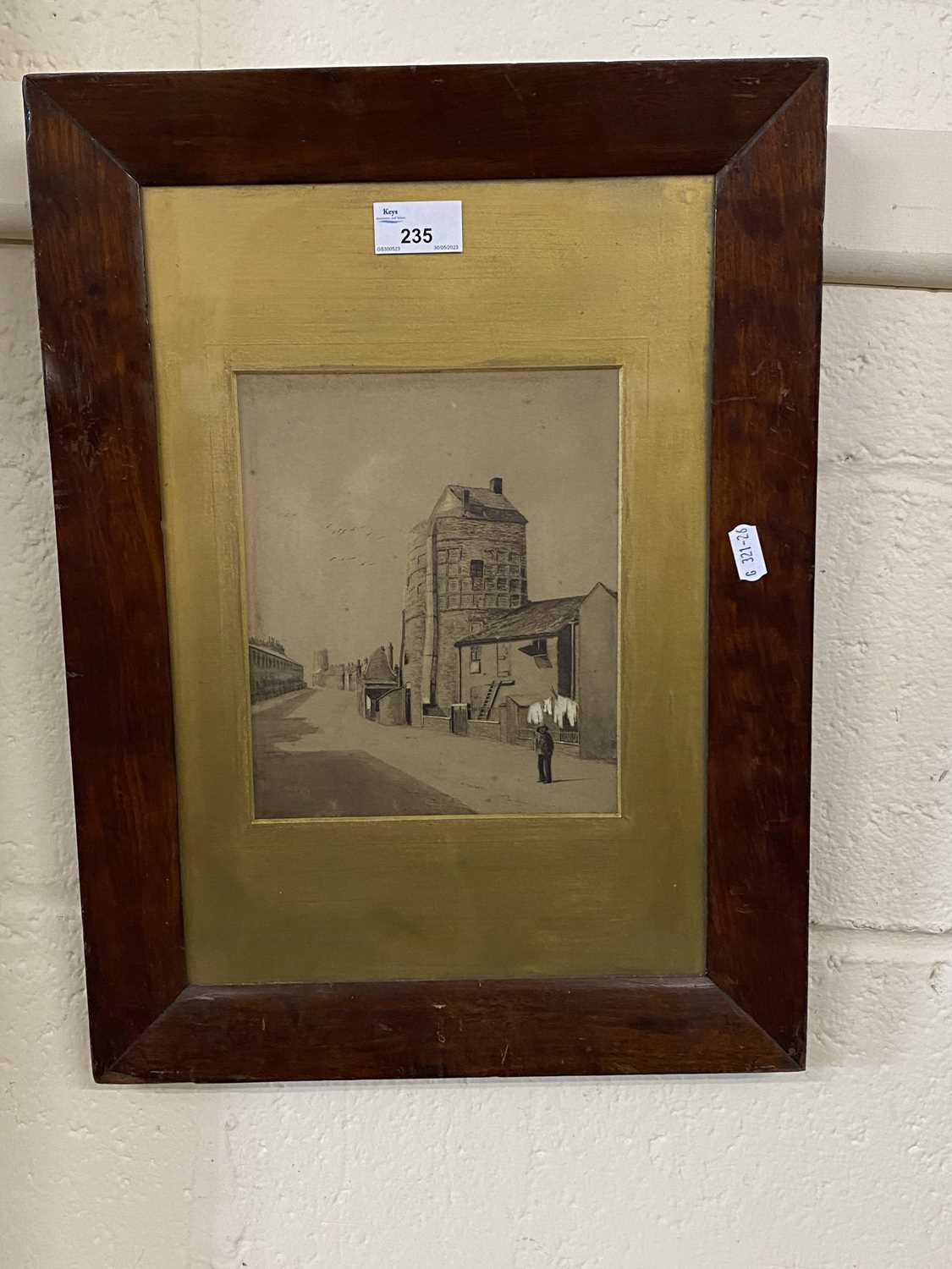 Study of a Medieval tower in Great Yarmouth, pencil and watercolour, framed and glazed