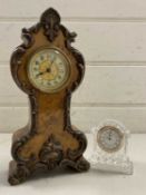 Small continental mantel clock with metal mounted case together with a Waterford Crystal bedside