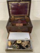 Mahogany writing box with brass fittings together with a small quantity of costume jewellery