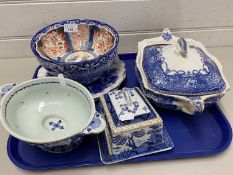 Mixed lot of ceramics to include Imari bowl, various blue and white wares to include butter dish,