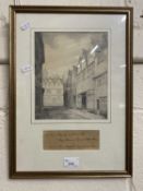 Gowen - pencil study street scene view, the frame inset with a small presentation inscription 'To