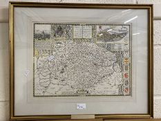 A reproduction coloured map of Norfolk, framed and glazed