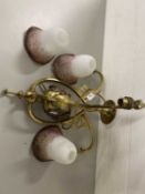 Brass three branch light fitting with frosted glass shades