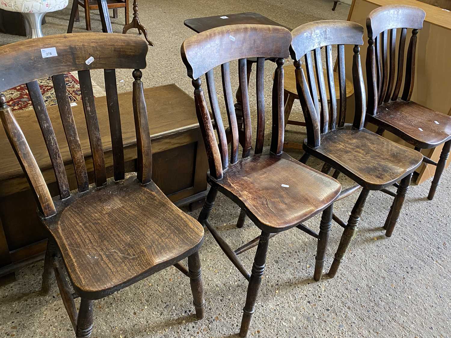 Four Victorian elm seated kitchen chairs