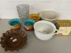 Mixed Lot: Various assorted vases, carved wooden bowl etc