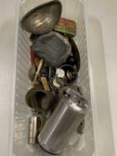 Box of various assorted items to include table lighter, brass buttons etc