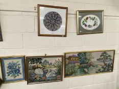 Group of five various modern tapestry and needlework pictures