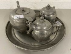 A Chinese pewter tea set marked to base 'Satow'
