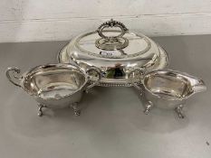 Silver plated serving dish together with a sugar basin and jug (3)