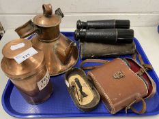Mixed Lot: Small copper kettle, copper tea caddy, vintage binoculars etc