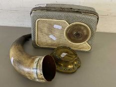 Mixed Lot: Small Dansette 222 radio together with a metal mounted cow horn and a brass horseshoe