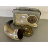 Mixed Lot: Small Dansette 222 radio together with a metal mounted cow horn and a brass horseshoe