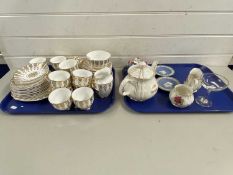 Two trays containing a quantity of gilt decorated tea wares, Jasper ware items etc