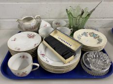 Tray of mixed wares to include a quantity of floral tea wares, cased dominoes and other assorted