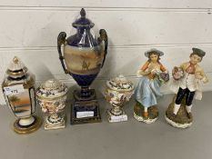 Mixed Lot: Noritaki vases, continental figures, a pair of small Naples covered urn shape vases etc