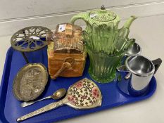 Tray of various mixed wares to include cottage formed biscuit barrel, various brass wares etc