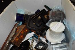 Box of mixed items to include opera glasses, vintage table lighter, assorted costume jewellery, milk