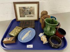 Mixed Lot: Various bangles, wooden vases, assorted ceramics, framed railway print etc