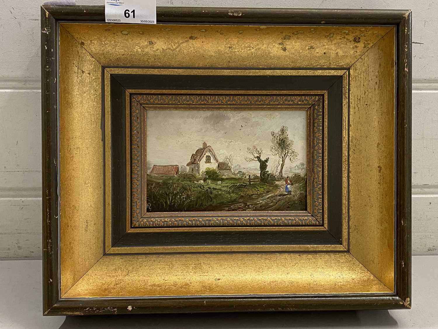 John Mace - Study of a figure before a country cottage, oil on board, gilt framed