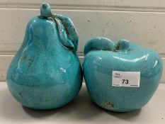 A turquoise glazed pear and apple models (2)