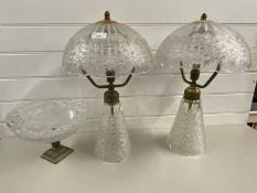 Pair of cut glass mushroom formed table lamps together with a similar pedestal bowl (3)