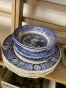 Collection of various blue and white plates to include Spode