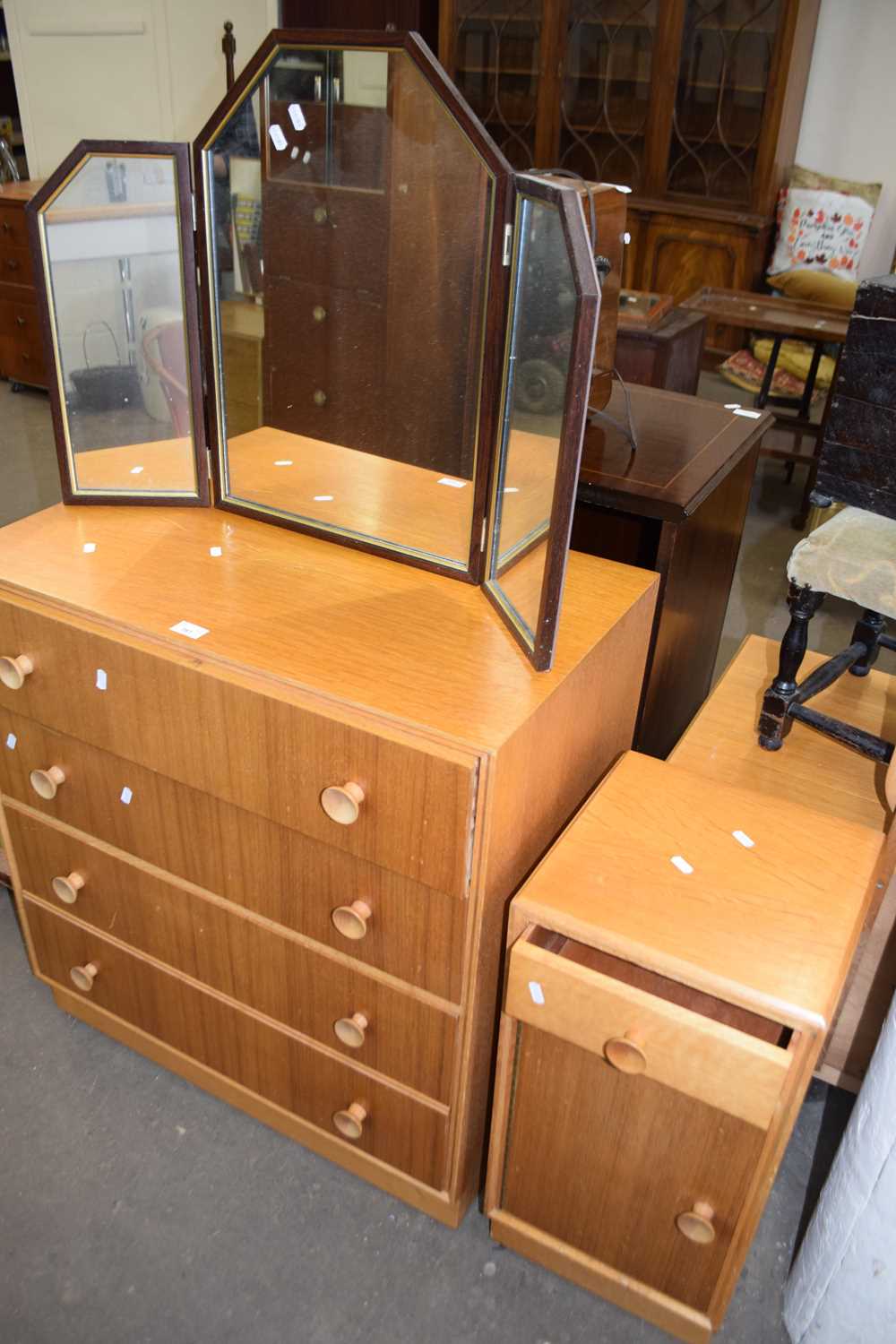 Mid Century light oak and walnut veneered chest, probably Merridew together with a similar bedside