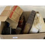 Box of various house clearance sundries, vintage photograph album containing a few black and white